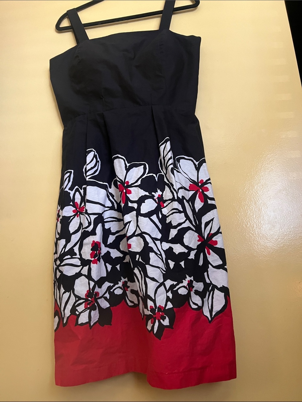 90s R&K Black Dress with White Floral Print and Red Hem